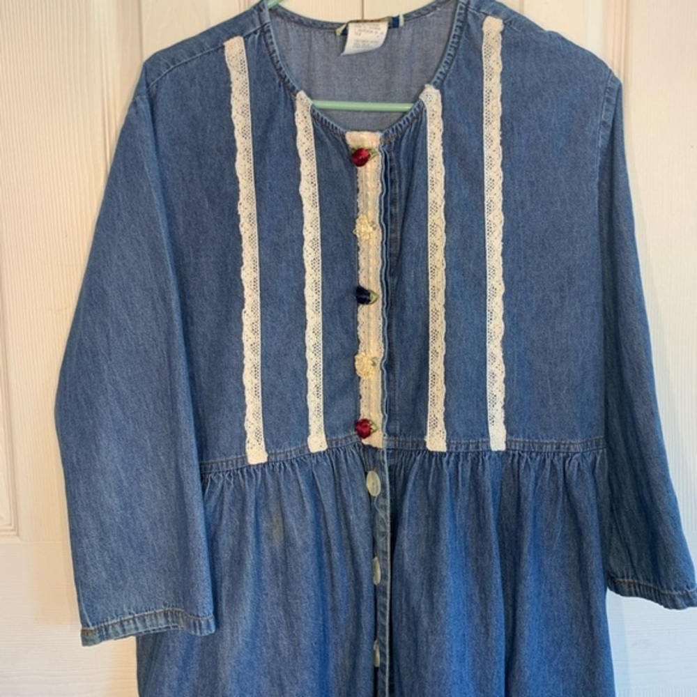 Women's‎ Vintage 90s Chorus Blues Sz 14 Blue Jean Denim Lace Dress With Pockets